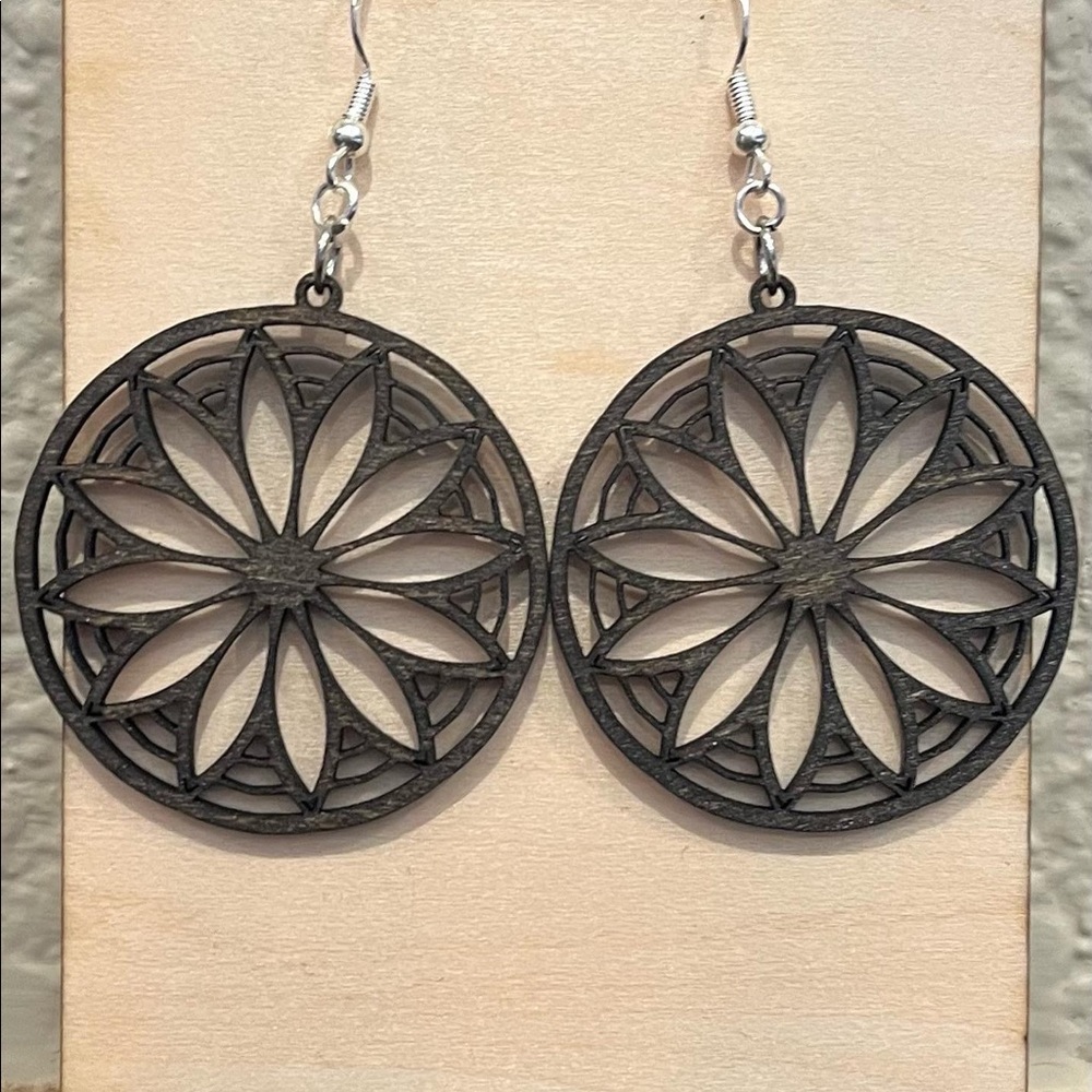 Flower earrings, mandala earrings, wood jewelry, wooden earrings